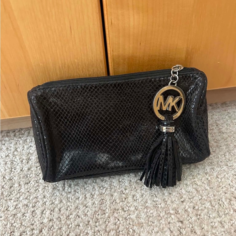 Michael Kors Black Snakeskin-Embossed Tassel Cosmetic Case